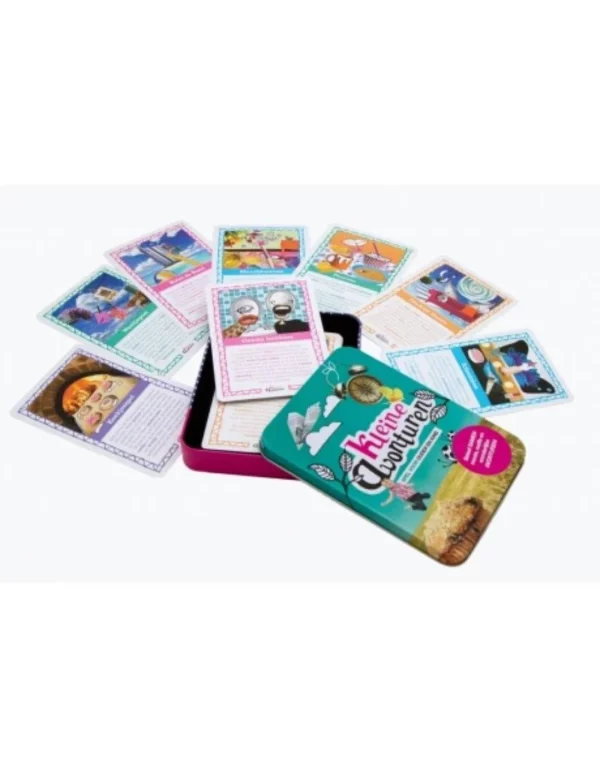 het-kleine-avontuur-kleine-avonturen-spel-voor-oud Open blikje met speelkaarten voor ouder en kind van Het Kleine avontuur.