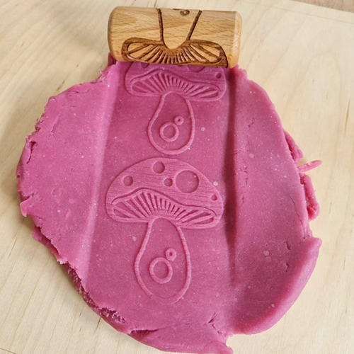 Houten sensorische roller met rose klei van het merk Kiddi met ingegraveerd paddenstoelenpatroon – ideaal voor sensorisch spel met klei of speelzand.