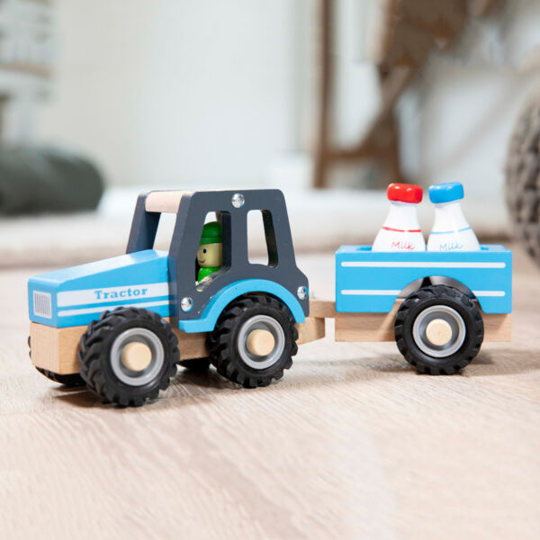 New Classic Toys boerderijvoertuig met aanhanger en melkflessen – houten speelgoed
