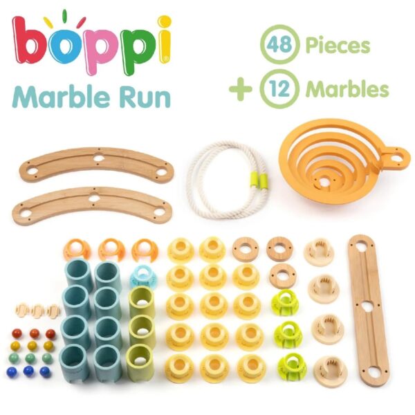 Boppi houten knikkerbaan de details van items in verpakking – verkrijgbaar bij Het Speellab Nederland & België