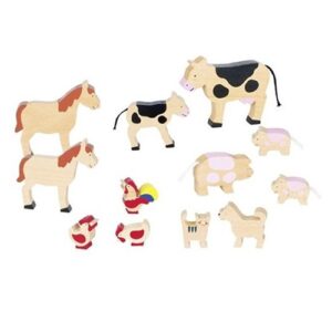Houten boerderijdieren van Goki in verschillende dierenfiguren