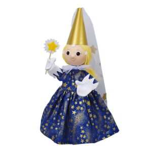 Mooie handpop fee in blauwe jurk voor in poppenkast. Stimuleer de taalontwikkeling.