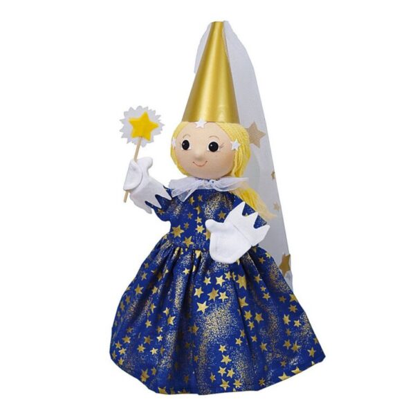 Mooie handpop fee in blauwe jurk voor in poppenkast. Stimuleer de taalontwikkeling.