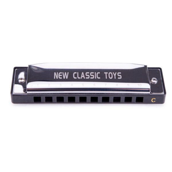 muziekspeelgoed-mondharmonica-speellab Glimmende mondharmonica van New Classic Toys in close-up