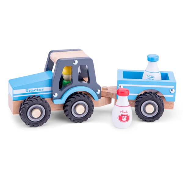 New Classic Toys houten tractor met aanhanger en melkflessen – duurzaam houten speelgoed