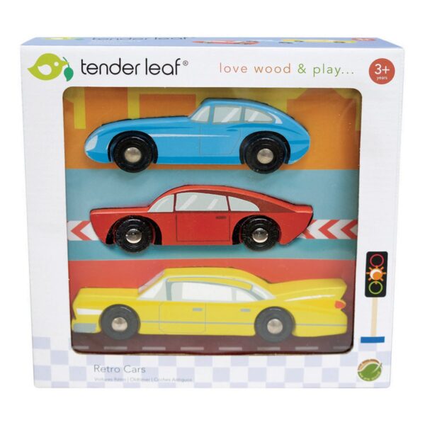 Houten retro auto rood, blauw en geel – Tender Leaf speelgoed