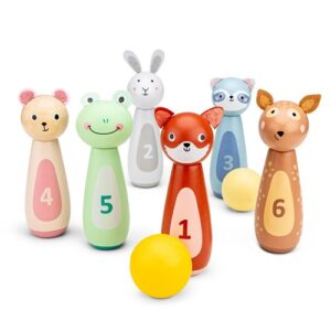 Woet houten bowling set met kleurrijke dierenkegels voor kinderen