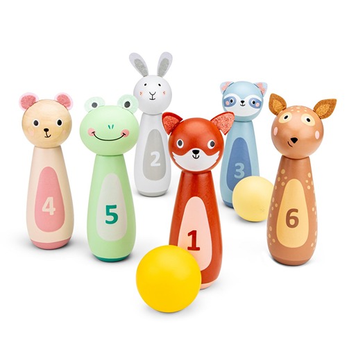 Woet houten bowling set met kleurrijke dierenkegels voor kinderen