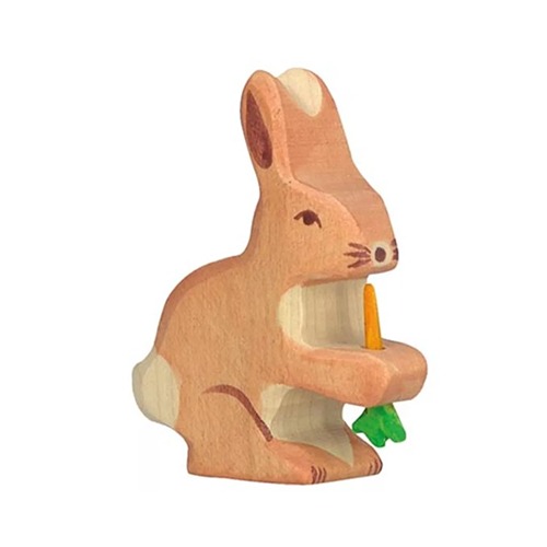 Van duurzaam hout handgemaakte konijn met wortel waldorf geinspiteerd van Holztiger bij Het Speellab