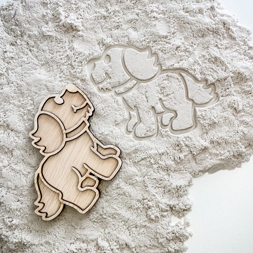 Leuk met Letters vultray hond met zand en stempel in het zand