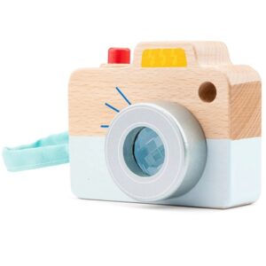 Woet houten speelgoedcamera mijn eerste camera vooraanzicht