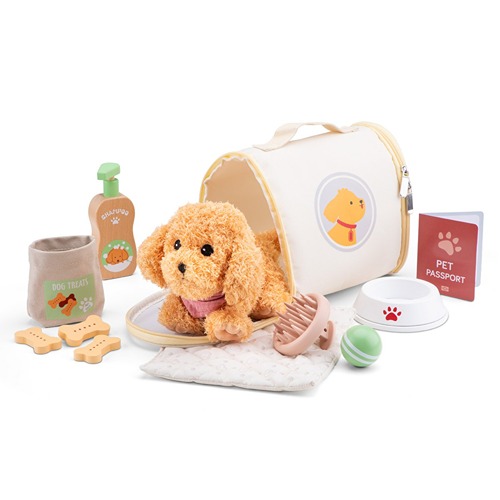 Woet knuffel hond met volledige verzorgingsset – houten rollenspel speelgoed