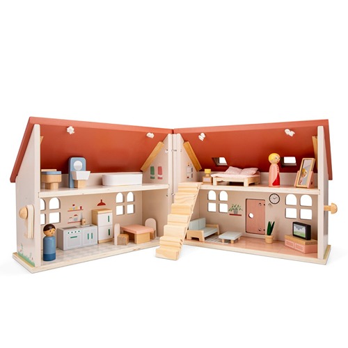 Opengeklapt Woet poppenhuis met complete houten meubels