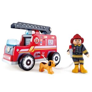Hape houten brandweerauto met brandweerman – duurzaam brandweer speelgoed bij Het Speellab.