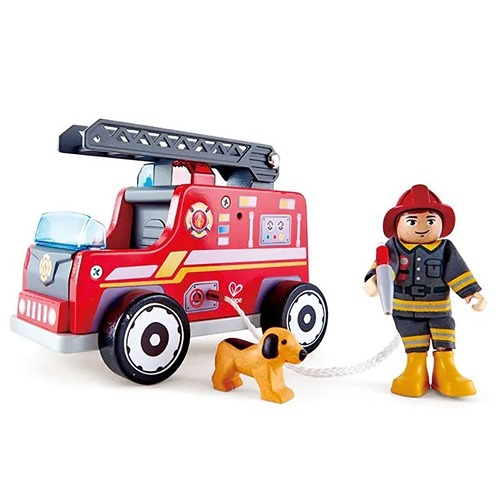 Hape houten brandweerauto met brandweerman – duurzaam brandweer speelgoed bij Het Speellab.