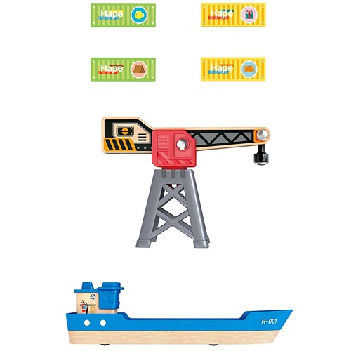 het-speellab-detail-hape-houten-vrachtschip-met-containers-en-magneet Houten vrachtschip van Hape details met magnetische containers voor rollenspel