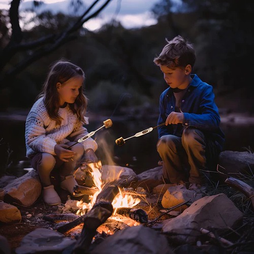 Het Speellab Kinderen roosteren marshmallows boven een vuur met Kikkerland kampvuurvorken tijdens kamperen