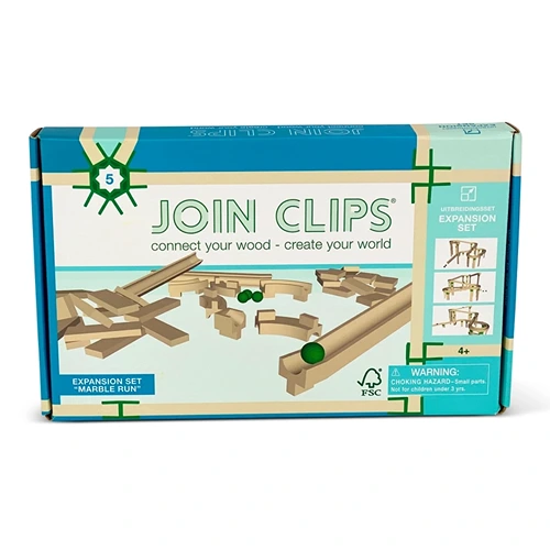 JOIN CLIPS uitbreidingsset voor houten knikkerbaan met verbindingsclips en houten plankjes om een eigen marble run te bouwen.