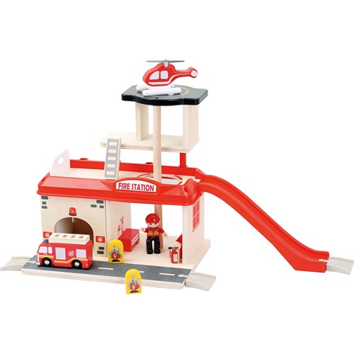 Complete Small Foot brandweerkazerne speelset van hout inclusief brandweerauto’s, helikopterplatform en brandweermannen voor urenlang fantasierijk spelen.