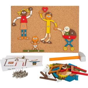 Houten hamertje tik met opdrachtkaarten spel met huis en familie dat motoriek en creativiteit stimuleert