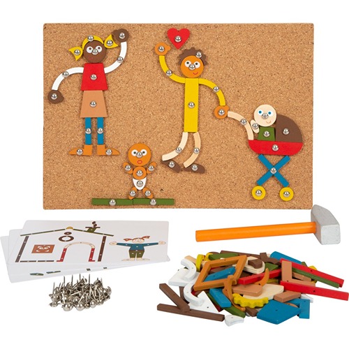 Houten hamertje tik met opdrachtkaarten spel met huis en familie dat motoriek en creativiteit stimuleert