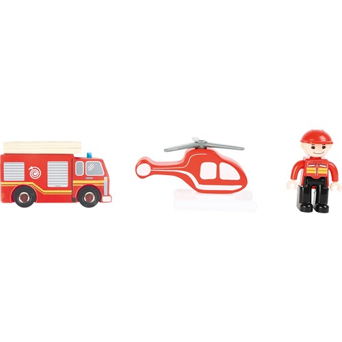 De stevige houten brandweerkazerne van Small Foot is een kleurrijke speelset met voertuigen en figuren voor avontuurlijke reddingsacties.