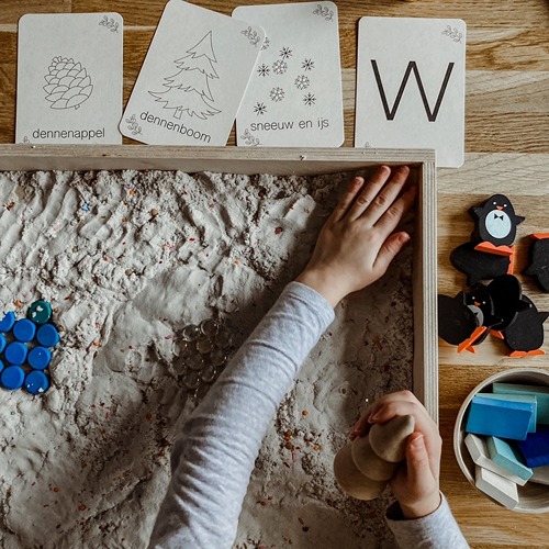 Bij speeltafel winter flashkaarten Montessori natuur en educatief speelgoed van Wildebras – Het Speellab